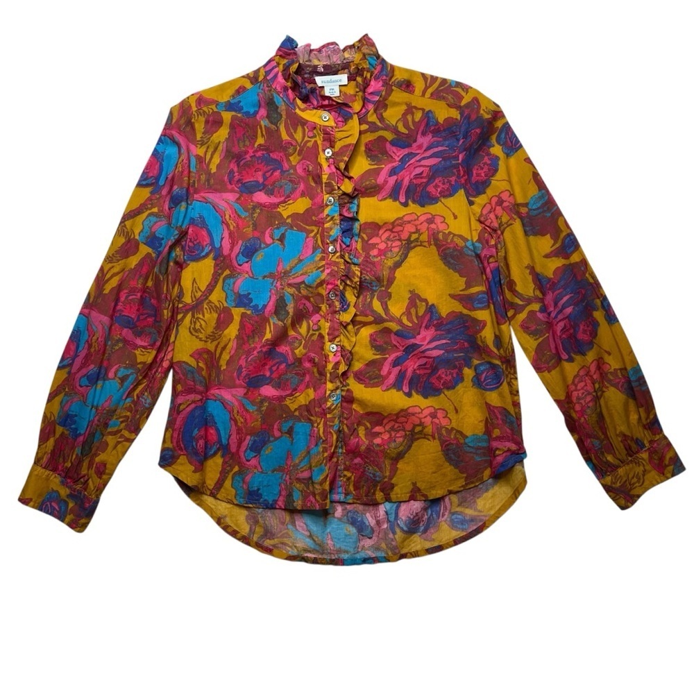 Sundance Multicolored Floral Button Up Ruffle Cotton Blouse SZ‎ Petite M